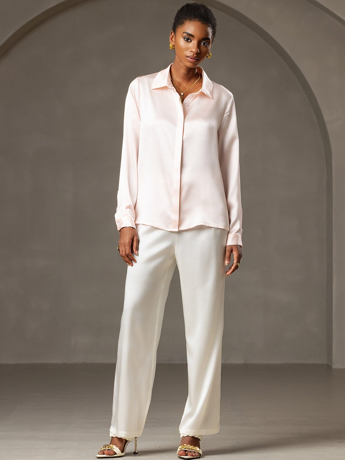 [Lyserød] SilkSilky-DK 19Momme Silke Womens Shirt 007