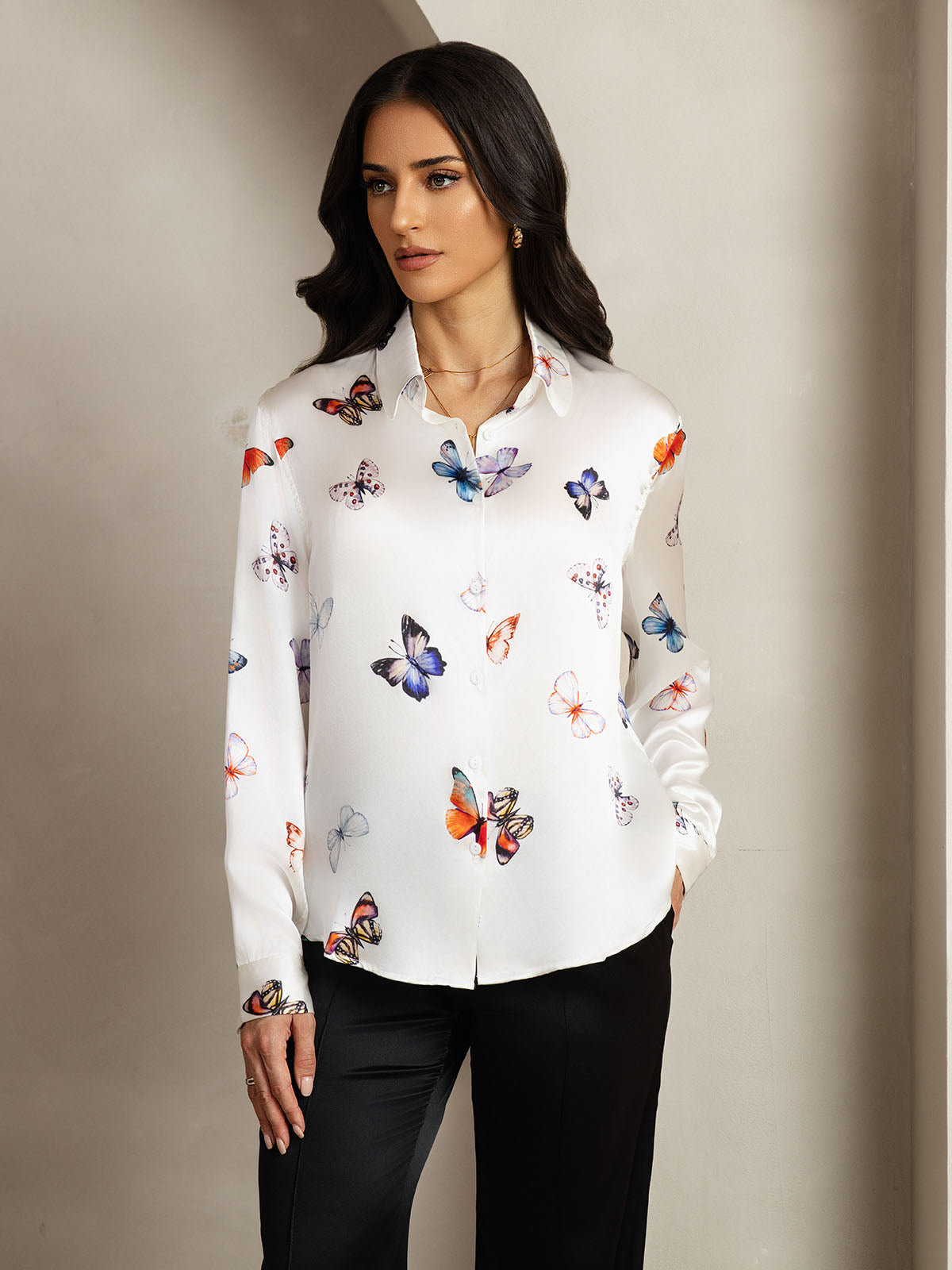 [Hvid Sommerfugl] SilkSilky-DK Silke Lapel Collar Dameskjorte 005