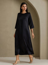 [Sort] SilkSilky-DK 3/4 Sleeve Round Neck Kjole 005