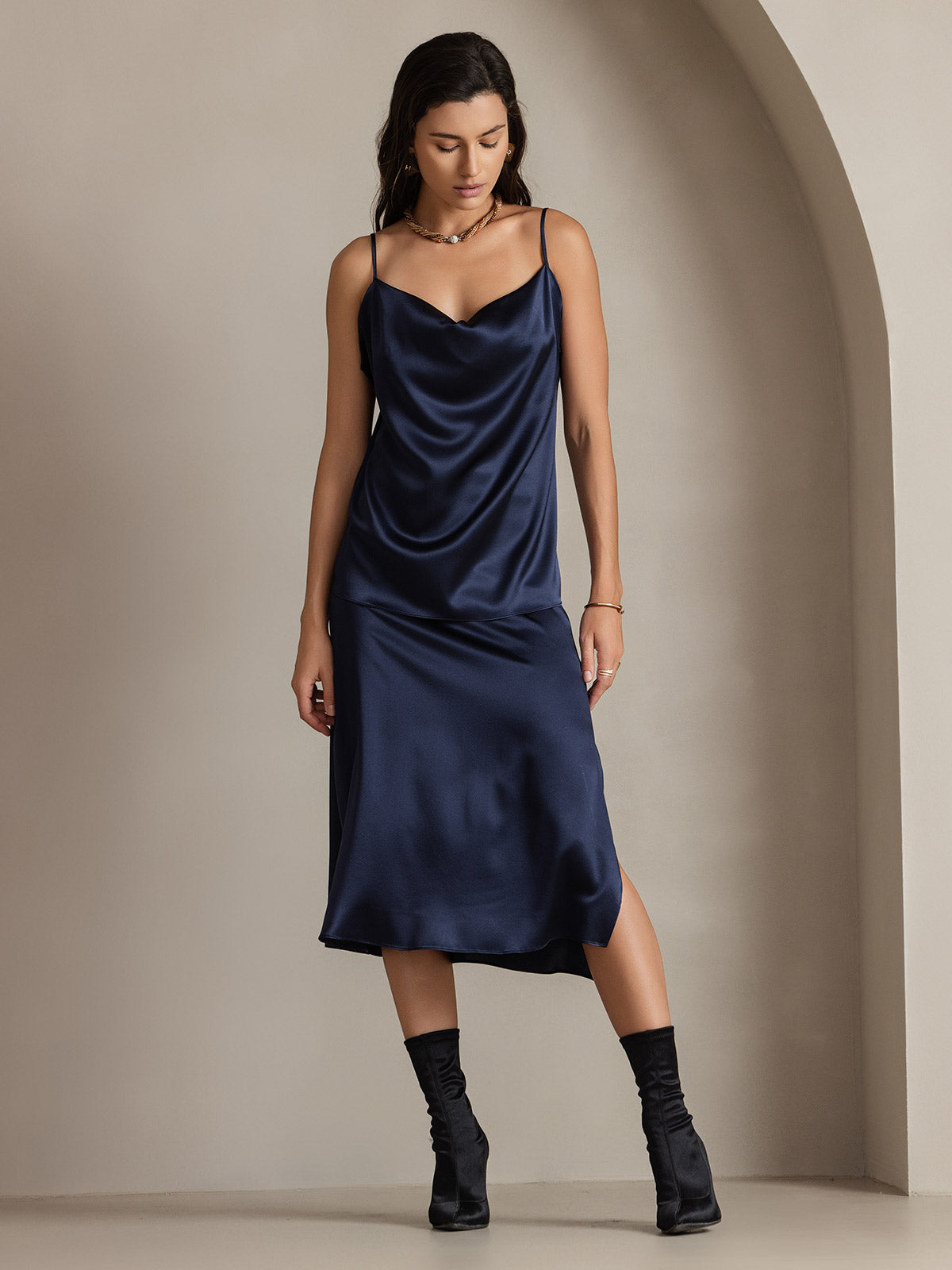 [Mørkeblå] SilkSilky-DK 19Momme Silke Skirt 006