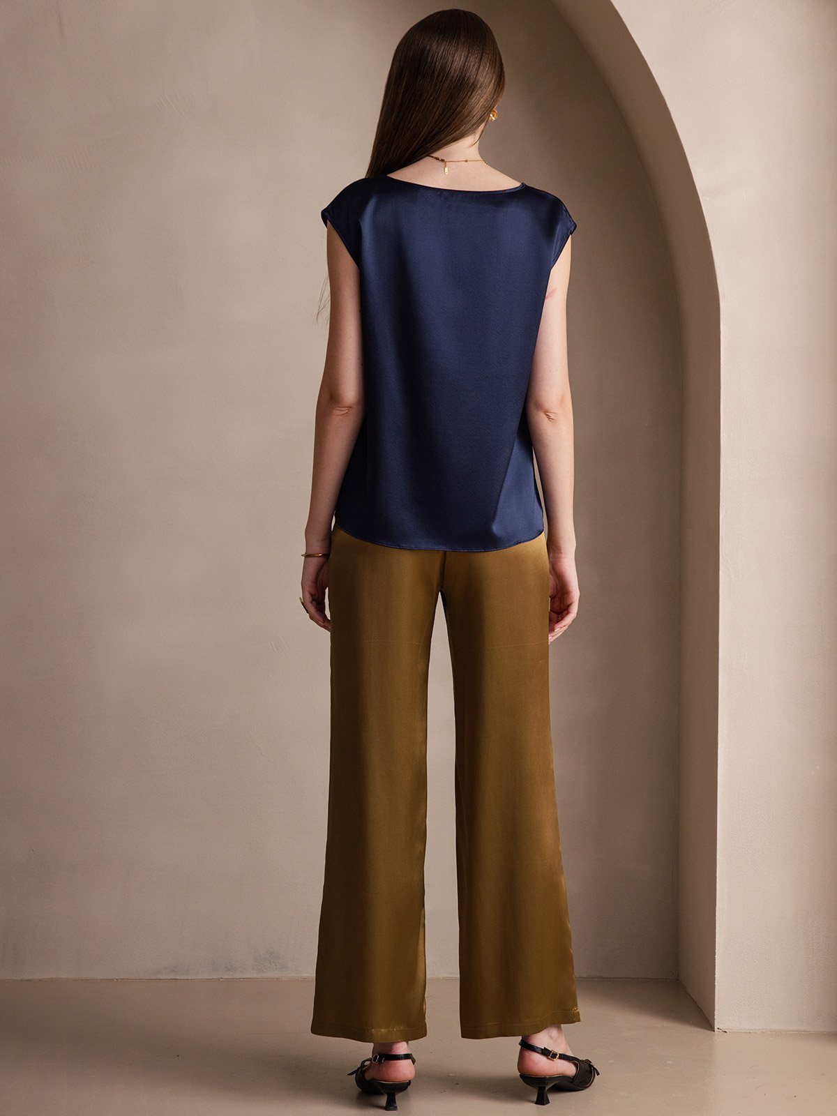 [Mørkeblå] SilkSilky-DK 19Momme Silke Womens T-Shirt 002