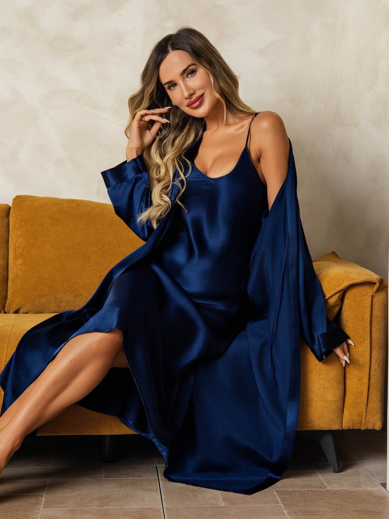 [Mørkeblå] SilkSilky-DK Silke Nightgown&Robe Set 006