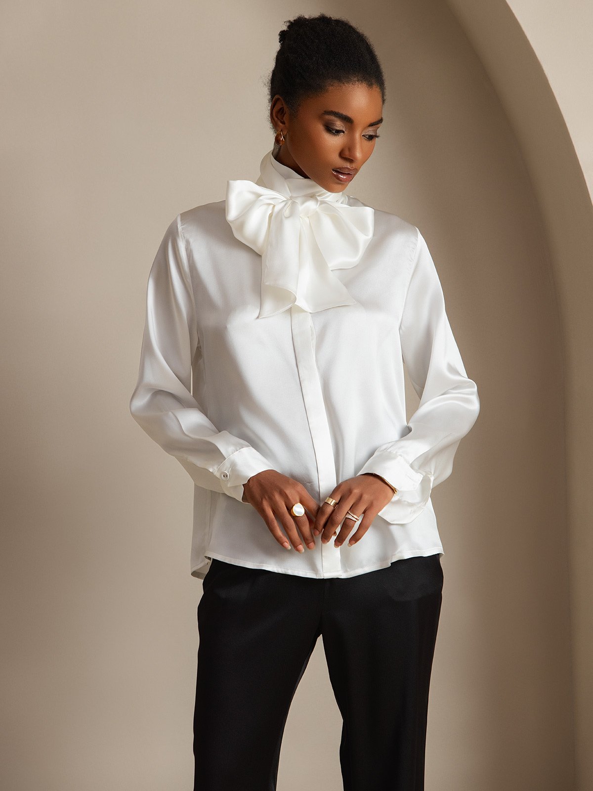 [Hvid] SilkSilky-DK 19Momme Silke Womens Shirt 001
