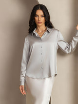 [Lysegrå] SilkSilky-DK Long Sleeve Lapel Collar Dameskjorte 008