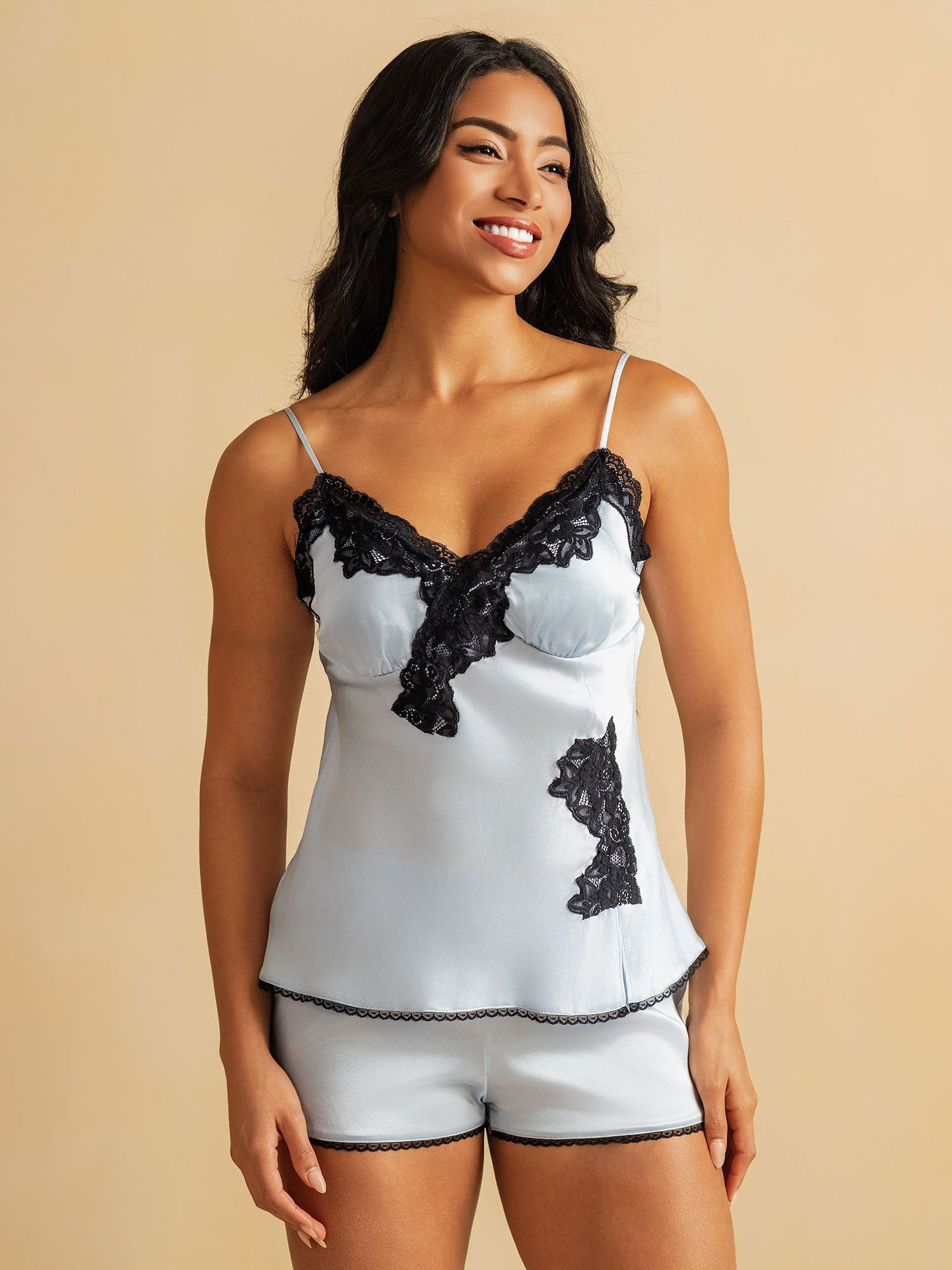 [Himmelblå] SilkSilky-DK Silke Camisole Set 003