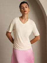 [Beige] SilkSilky-DK Kort ærme V Hals T-shirt til kvinder 001