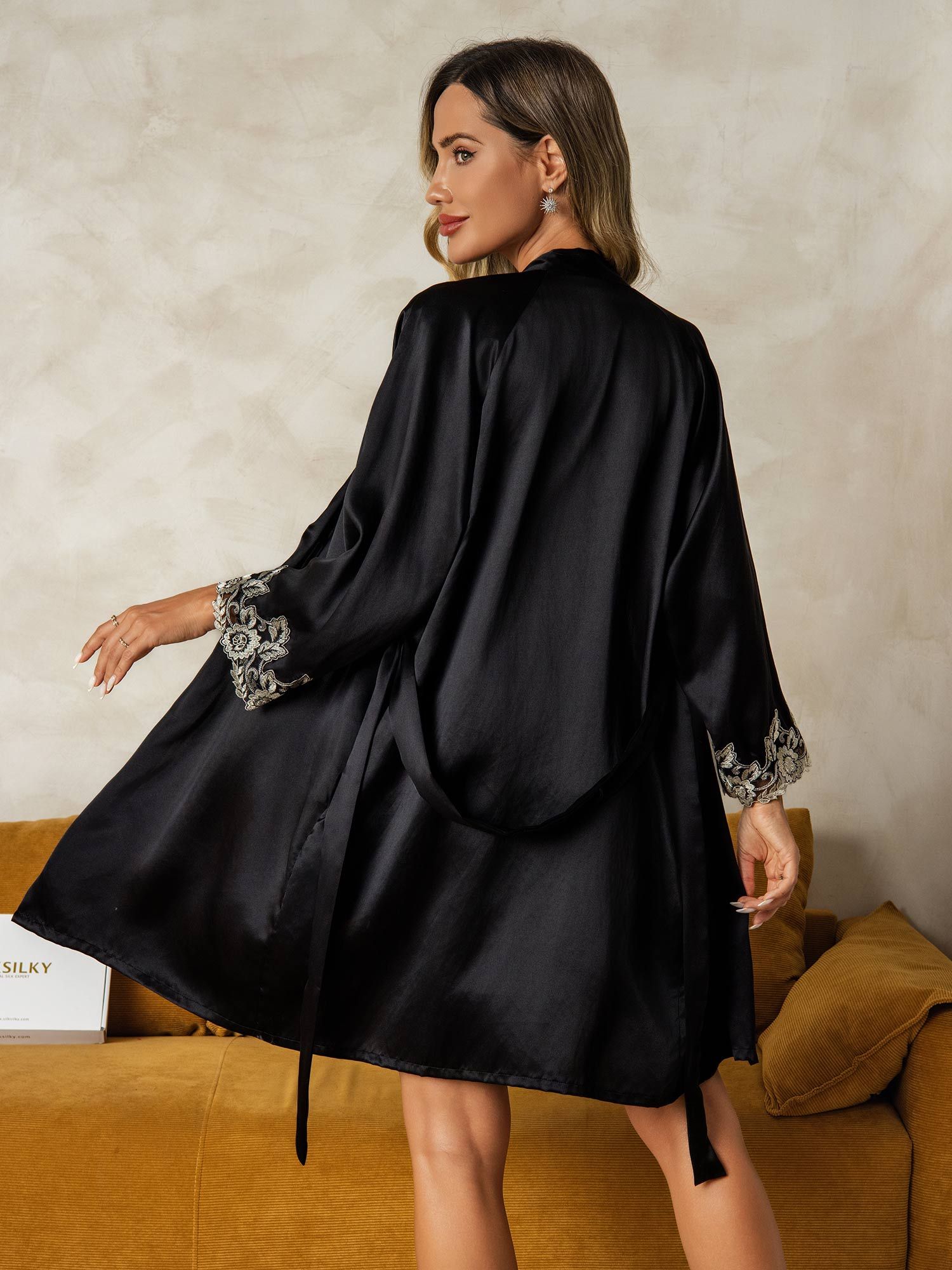 [Sort] SilkSilky-DK Silke Wrap Natkjole & Morgenkåbe Sæt 002