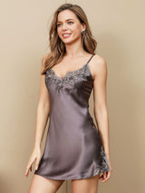 [Lilla Grå] SilkSilky-DK Sleeveless V Neck Natkjole 007