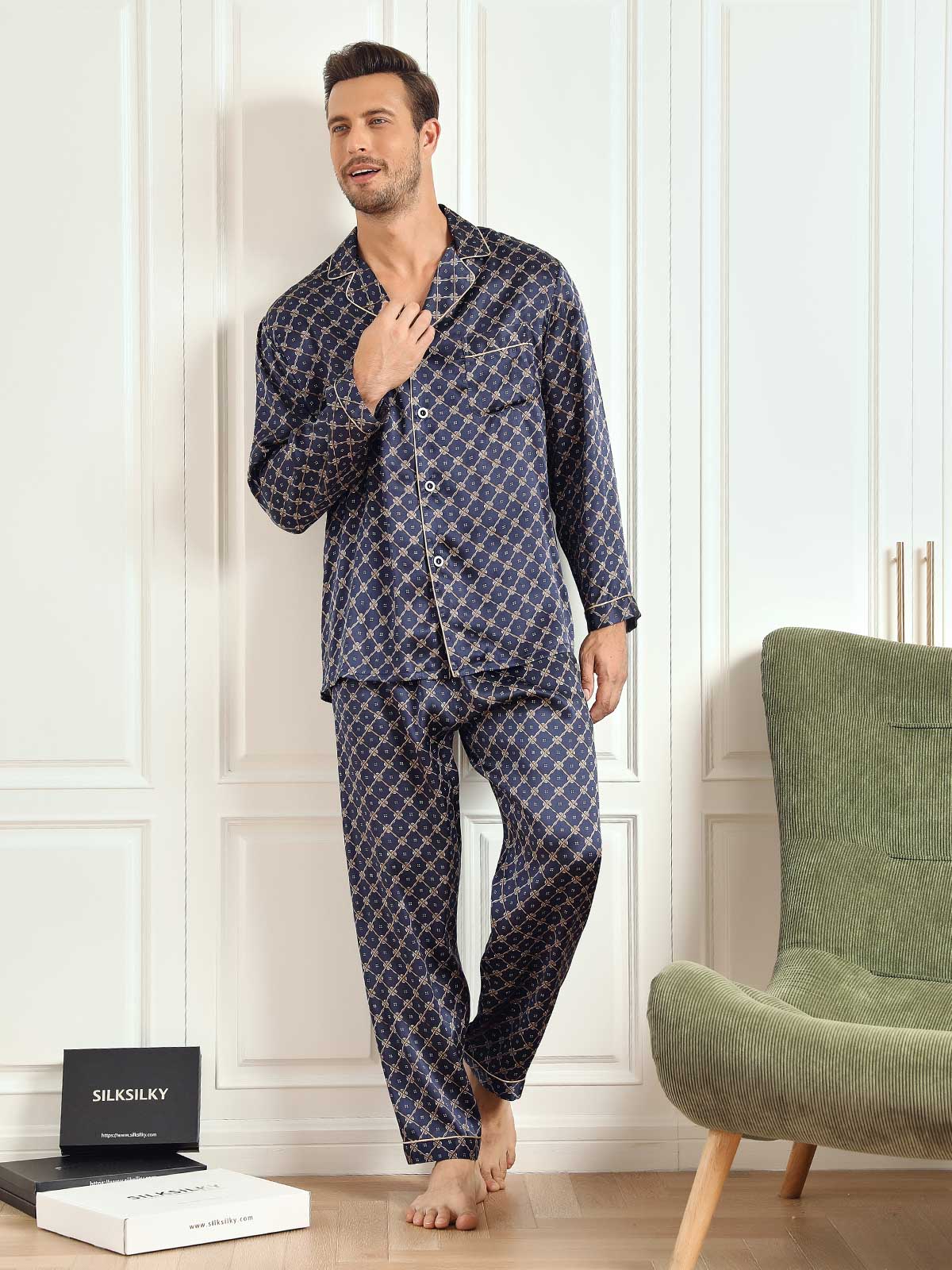 [Marine Kæde] SilkSilky-DK 19Momme Mens Pajamas 005
