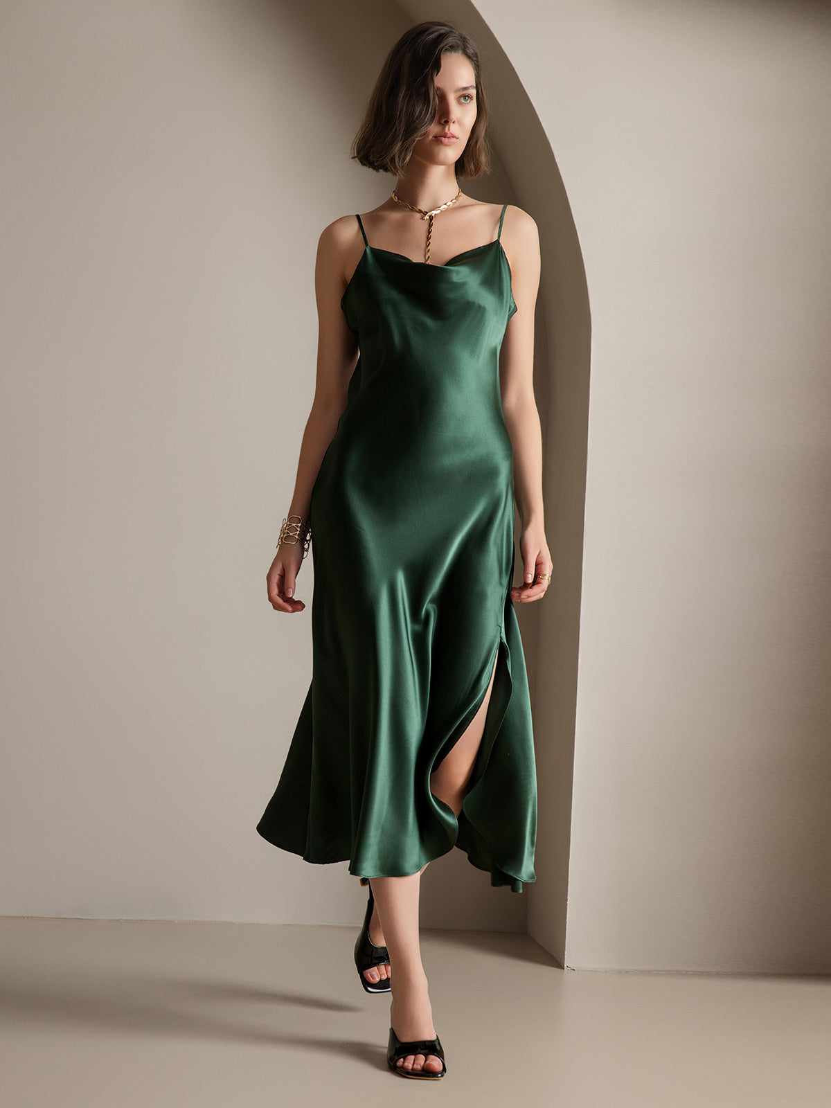 [Mørkegrøn] SilkSilky-DK 19Momme Dress 006