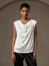 [Hvid] SilkSilky-DK Cap Sleeve Cowl Neck T-shirt til kvinder 001