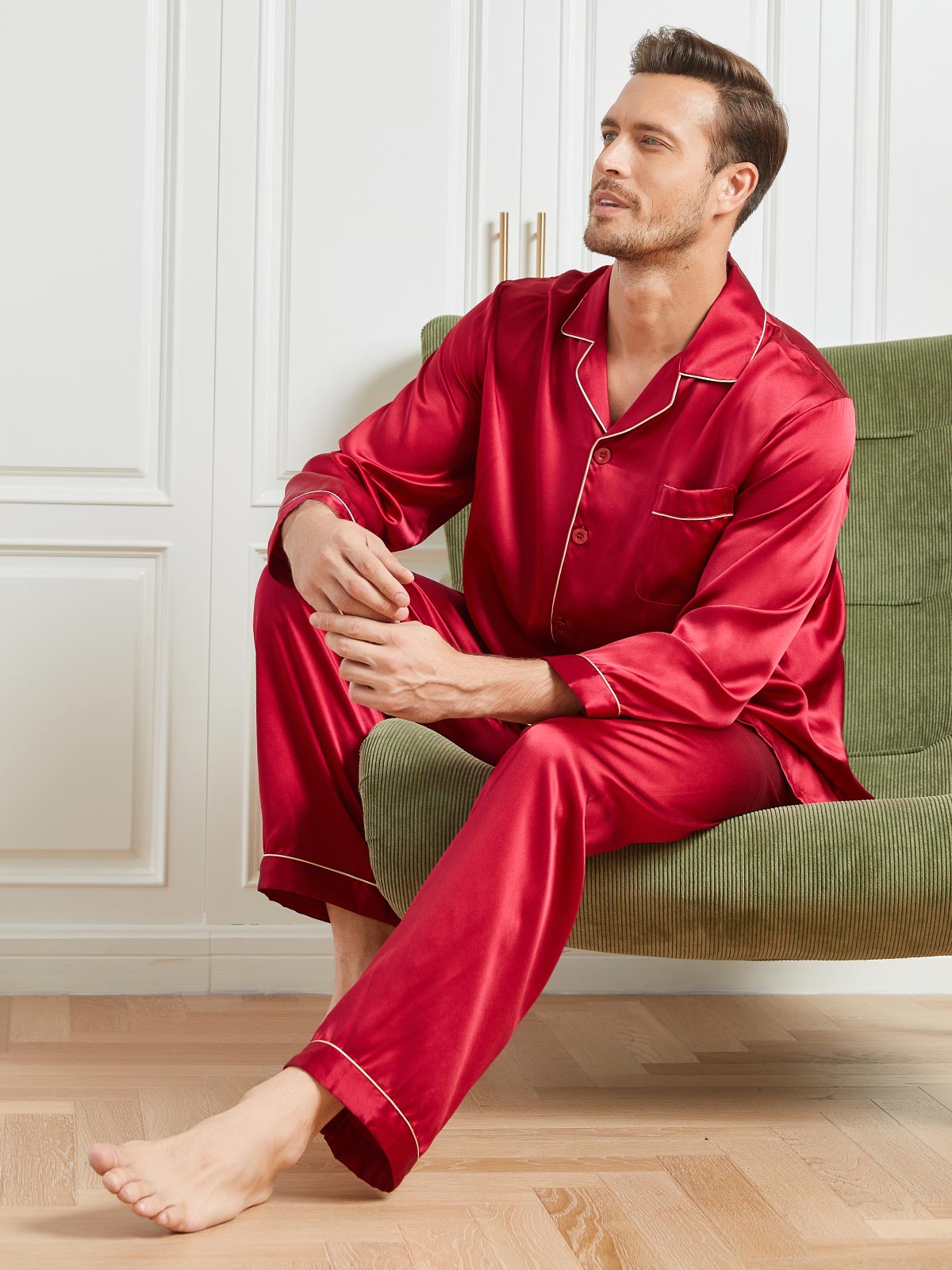 [Rød] SilkSilky-DK 19Momme Mens Pajamas 004