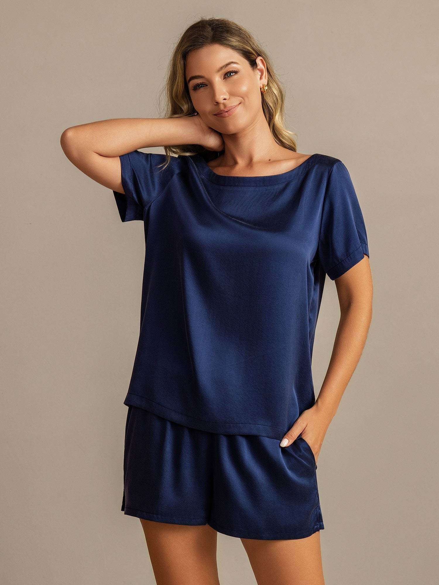 [Mørkeblå] SilkSilky-DK 19Momme Silke Womens Pajamas 003,