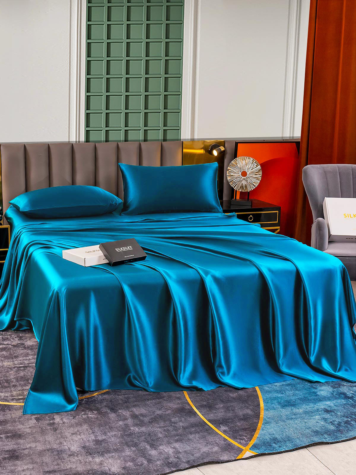 [Blågrøn] SilkSilky-DK 25Momme Bedding Set 002