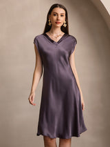 [Lilla Grå] SilkSilky-DK Cap Sleeve V Neck Natkjole 003