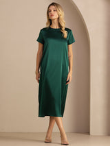 [Mørkegrøn] SilkSilky-DK Short Sleeve Round Neck Kjole 007
