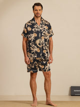 [Sort Drage] SilkSilky-DK Short Sleeve Notch Collar Pyjamas til Mænd 003