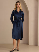 [Mørkeblå] SilkSilky-DK Long Sleeve Lapel Collar Kjole 006