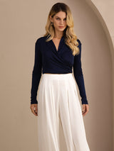 [Mørkeblå] SilkSilky-DK Long Sleeve Wrap Damebluser 005