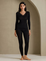 [Sort] SilkSilky-DK Long Sleeve V Neck Dame Lange Underbukser 001