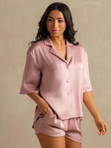 [Ferskenhud] SilkSilky-DK 19Momme Halv ærme Notchkrage Dame Pyjamas 005