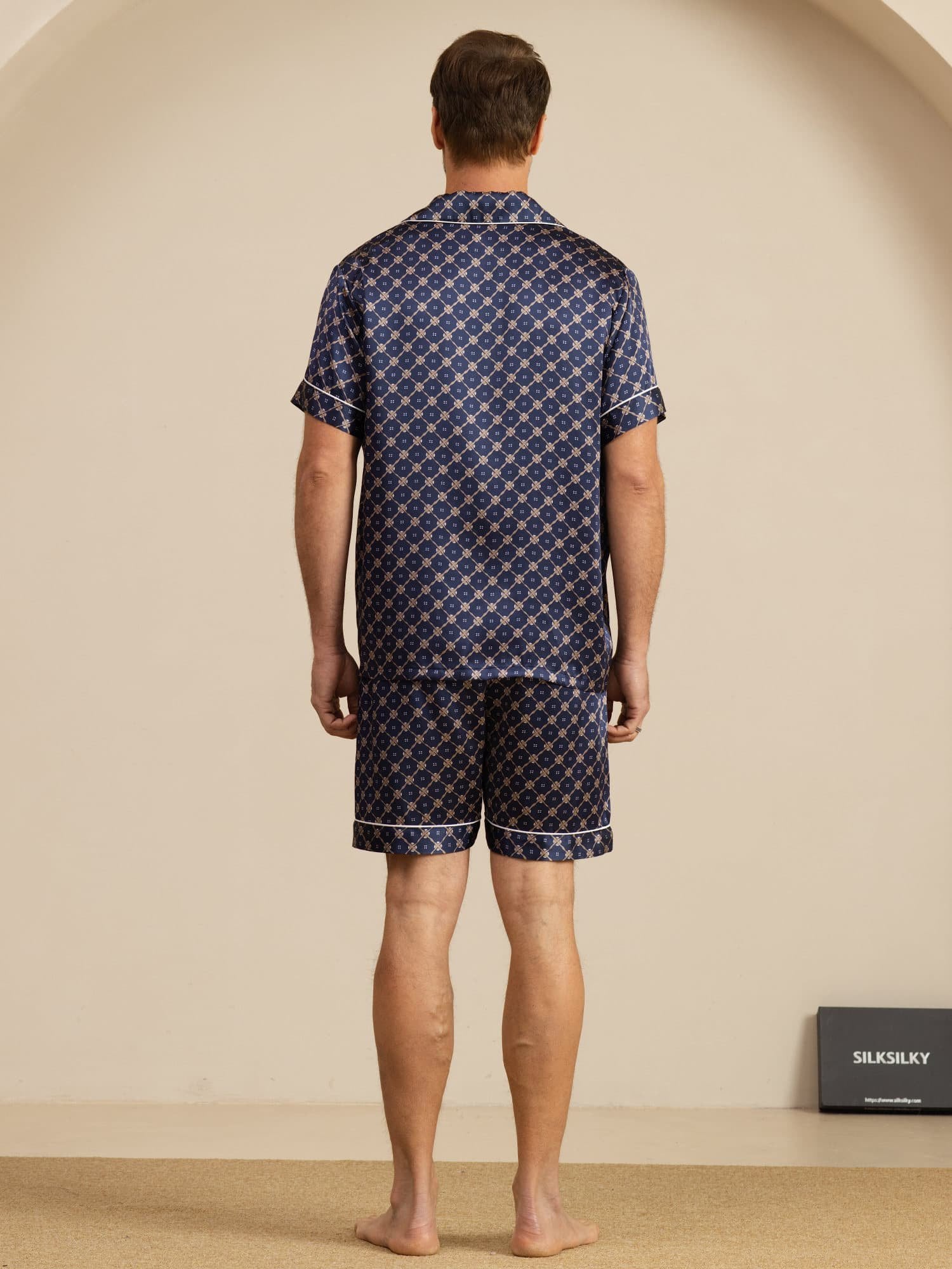 [Marine Kæde] SilkSilky-DK Short Sleeve Lapel Collar Pyjamas til Mænd 002