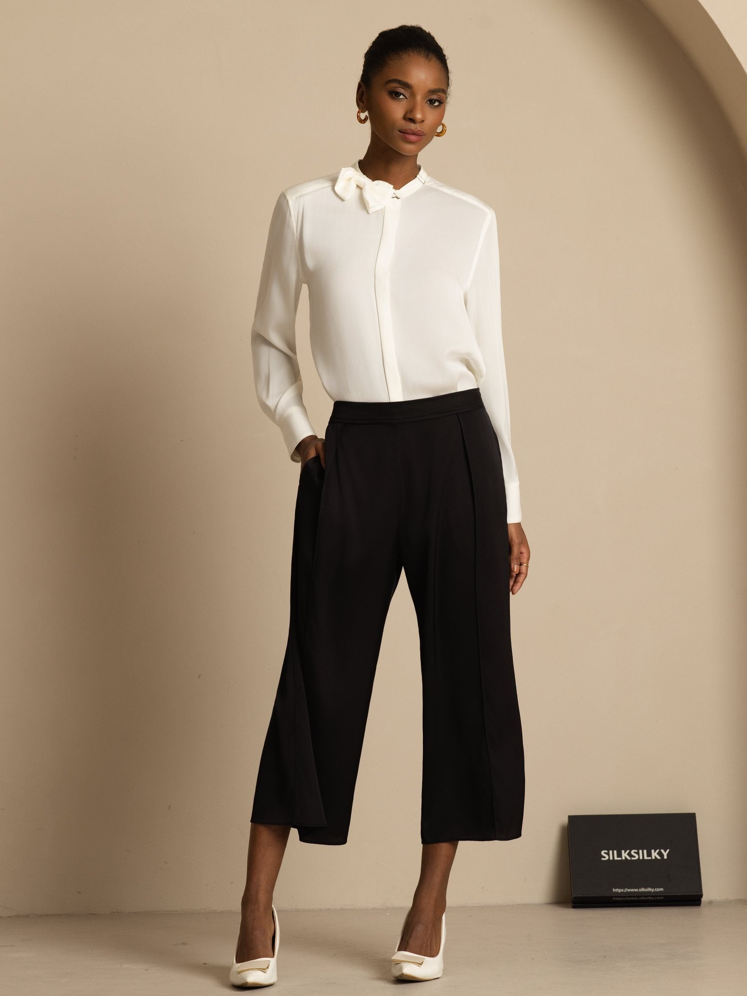 [Hvid] SilkSilky-DK 19Momme Silke Langærmet Ståkrave Bluse 008