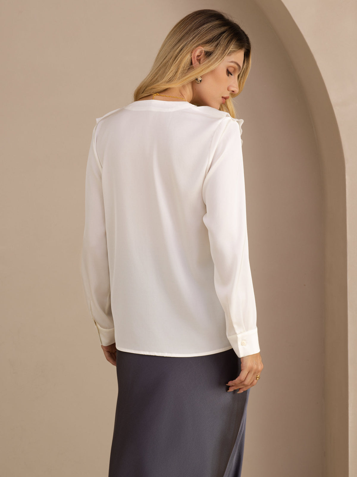 [Hvid] SilkSilky-DK Long Sleeve Deep V Neck Damebluser 002