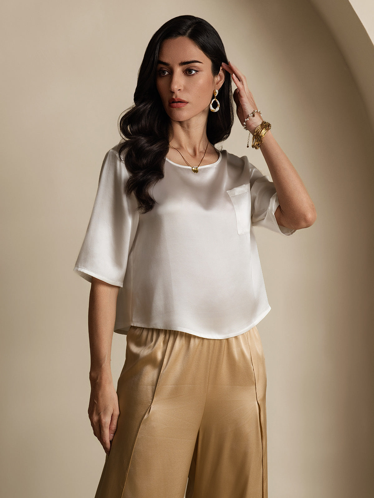 [Hvid] SilkSilky-DK Pure Silk Half Sleeve Boat Neck T-shirt til kvinder 004