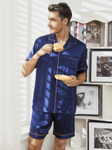 [Mørkeblå] SilkSilky-DK Short Sleeve Lapel Collar Pyjamas til Mænd 001