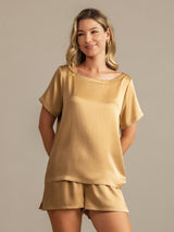 [Tan] SilkSilky-DK 19Momme Kort ærme Rund Hals Dame Pyjamas 007