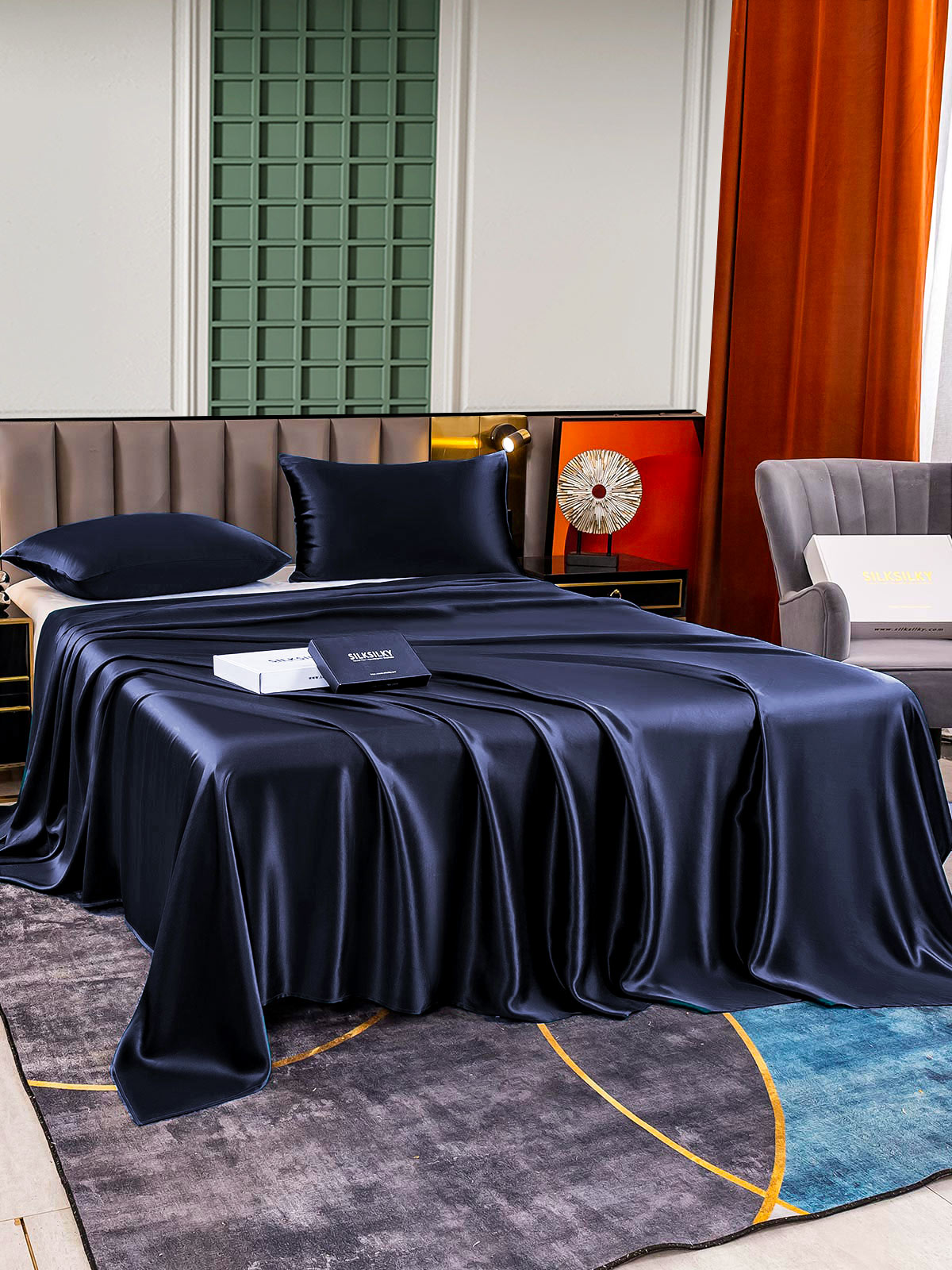 [Mørkeblå] SilkSilky-DK 25Momme Bedding Set 003