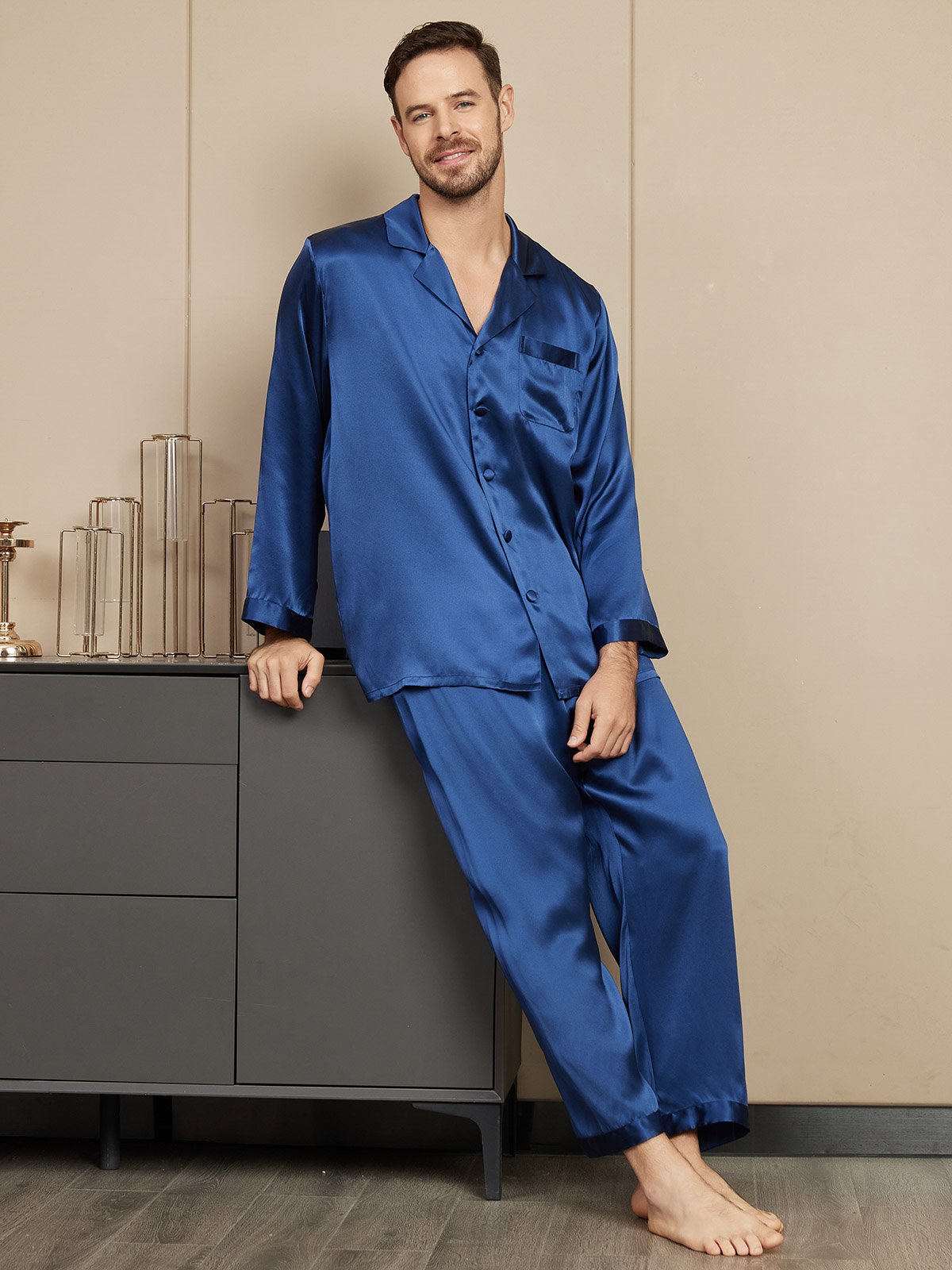 [Mørkeblå] SilkSilky-DK Mens Pajamas 004