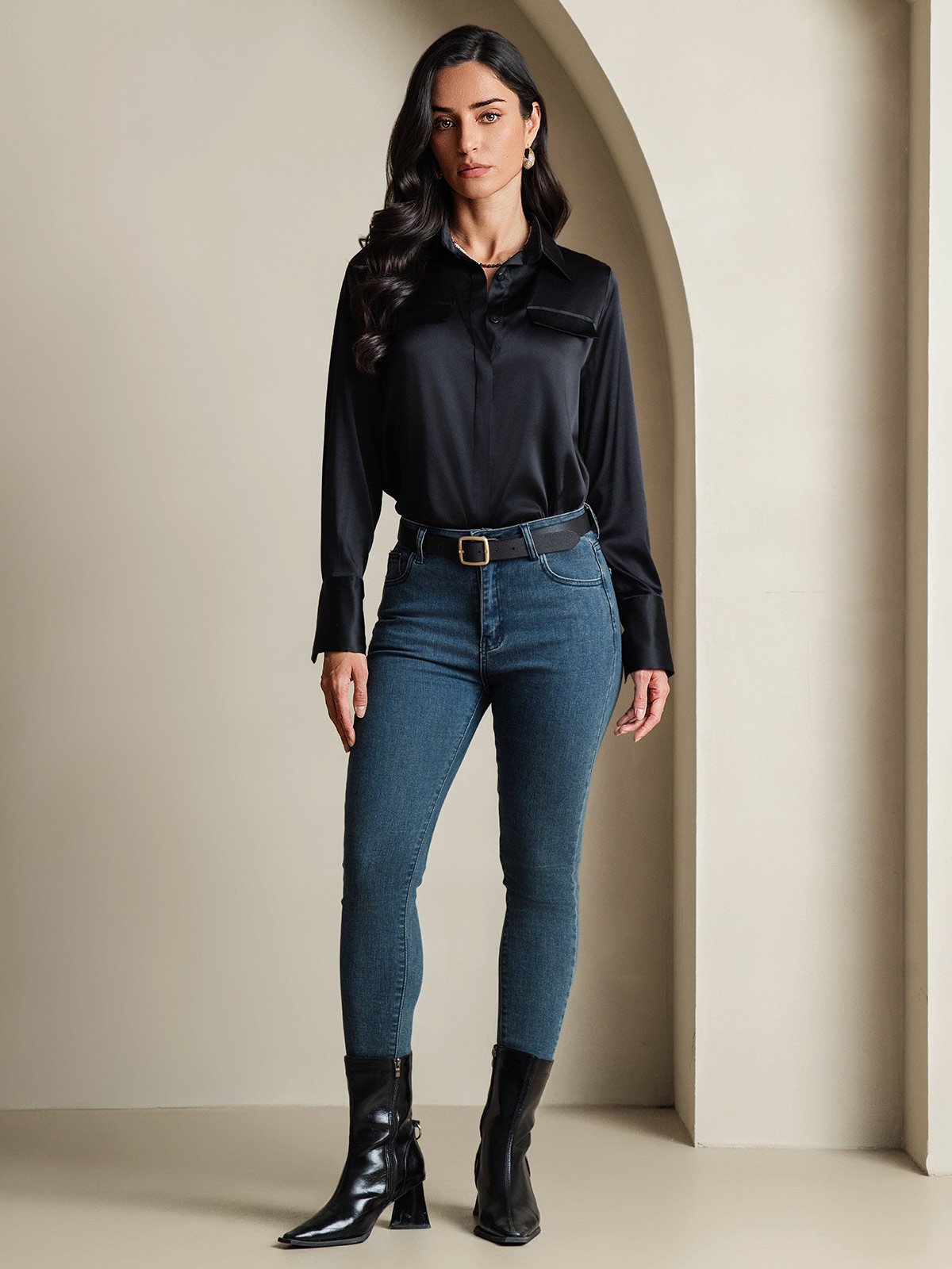 SilkSilky-DK 19Momme Silke Womens Shirt Sort 001