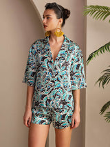 [Teal Botanisk] SilkSilky-DK Short Sleeve Notch Collar Dame Pyjamas 003
