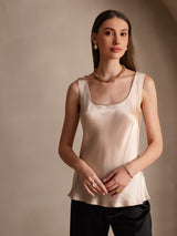 [Champagne] SilkSilky-DK 19Momme Ærmeløs Dyb Rund Halsudskæring Camisole Top 004