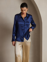 [Mørkeblå] SilkSilky-DK Long Sleeve Lapel Collar Dameskjorte 003