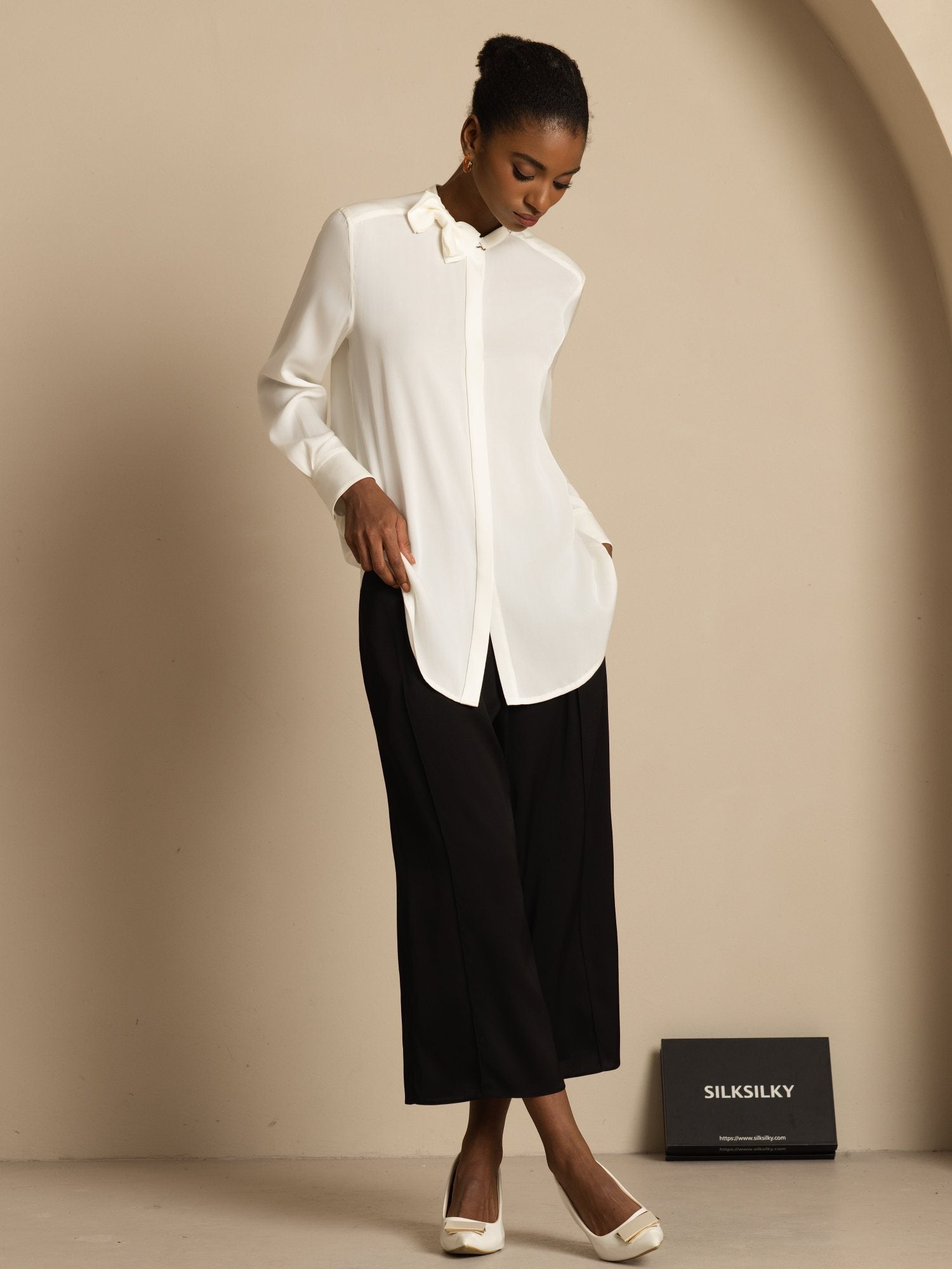 [Hvid] SilkSilky-DK 19Momme Silke Langærmet Ståkrave Bluse 006