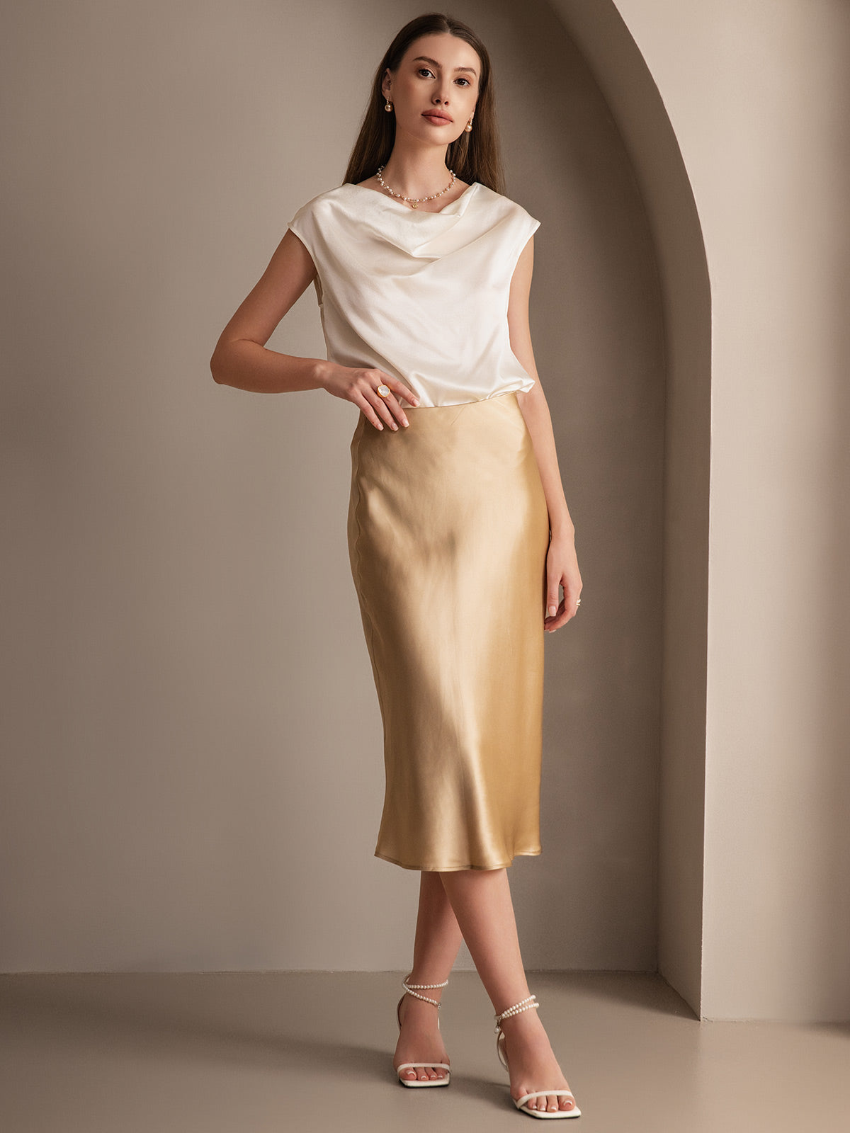 SilkSilky-DK 19Momme Skirt Champagne 001