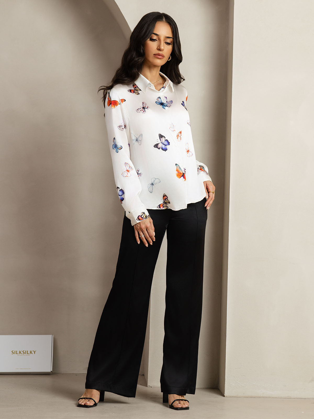 [Hvid Sommerfugl] SilkSilky-DK Silke Lapel Collar Dameskjorte 007