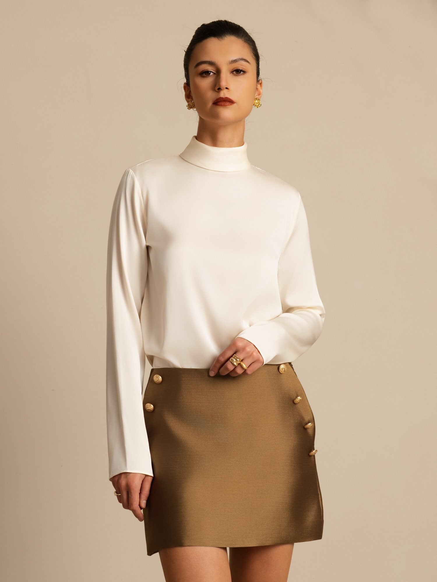 [Champagne] SilkSilky-DK 19Momme Silke Langærmet Rullekrave T-shirt til kvinder 005