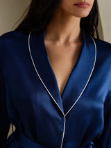 [Mørkeblå] SilkSilky-DK Long Sleeve Shawl Collar Dame Pyjamas 003