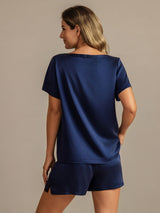 [Mørkeblå] SilkSilky-DK 19Momme Kort ærme Rund Hals Dame Pyjamas 002