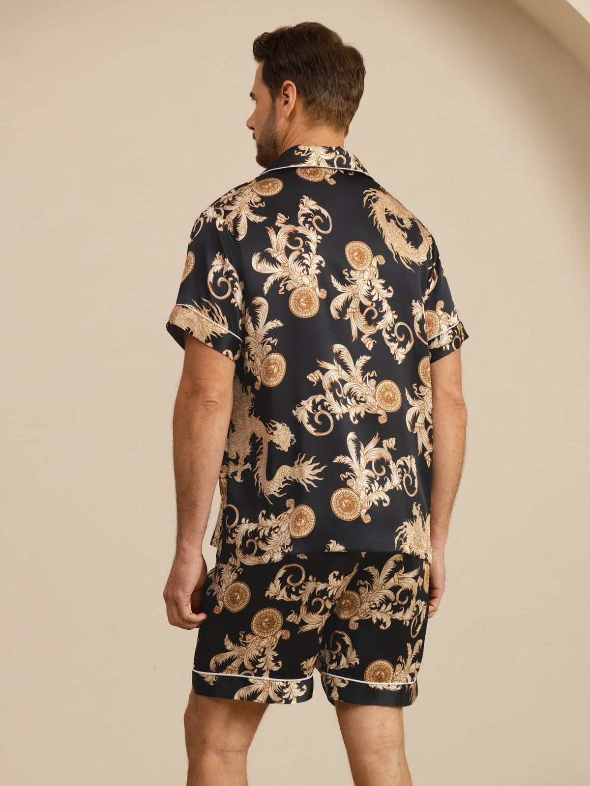 [Sort Drage] SilkSilky-DK Short Sleeve Lapel Collar Pyjamas til Mænd 002