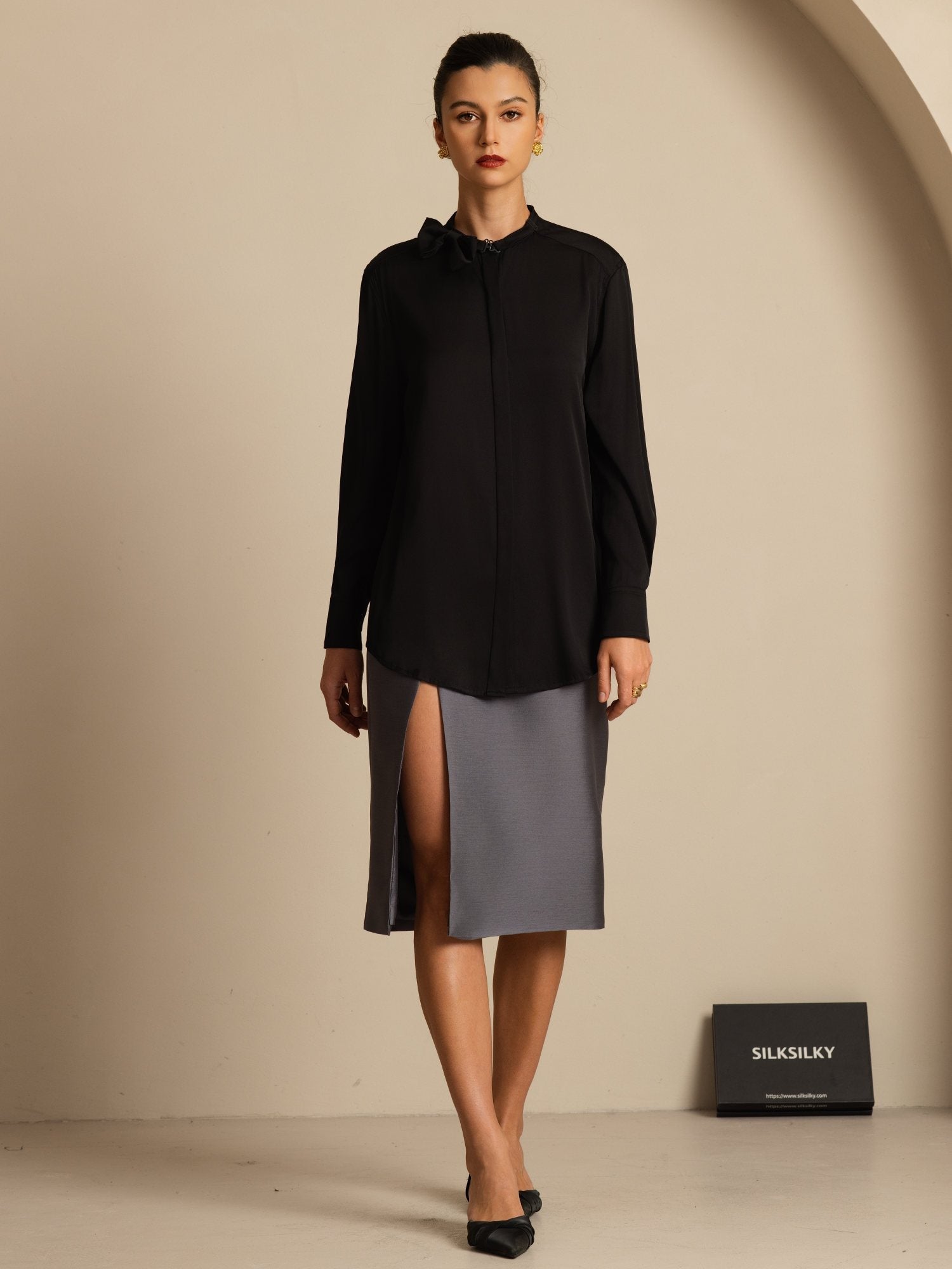 [Sort] SilkSilky-DK 19Momme Silke Langærmet Ståkrave Bluse 008