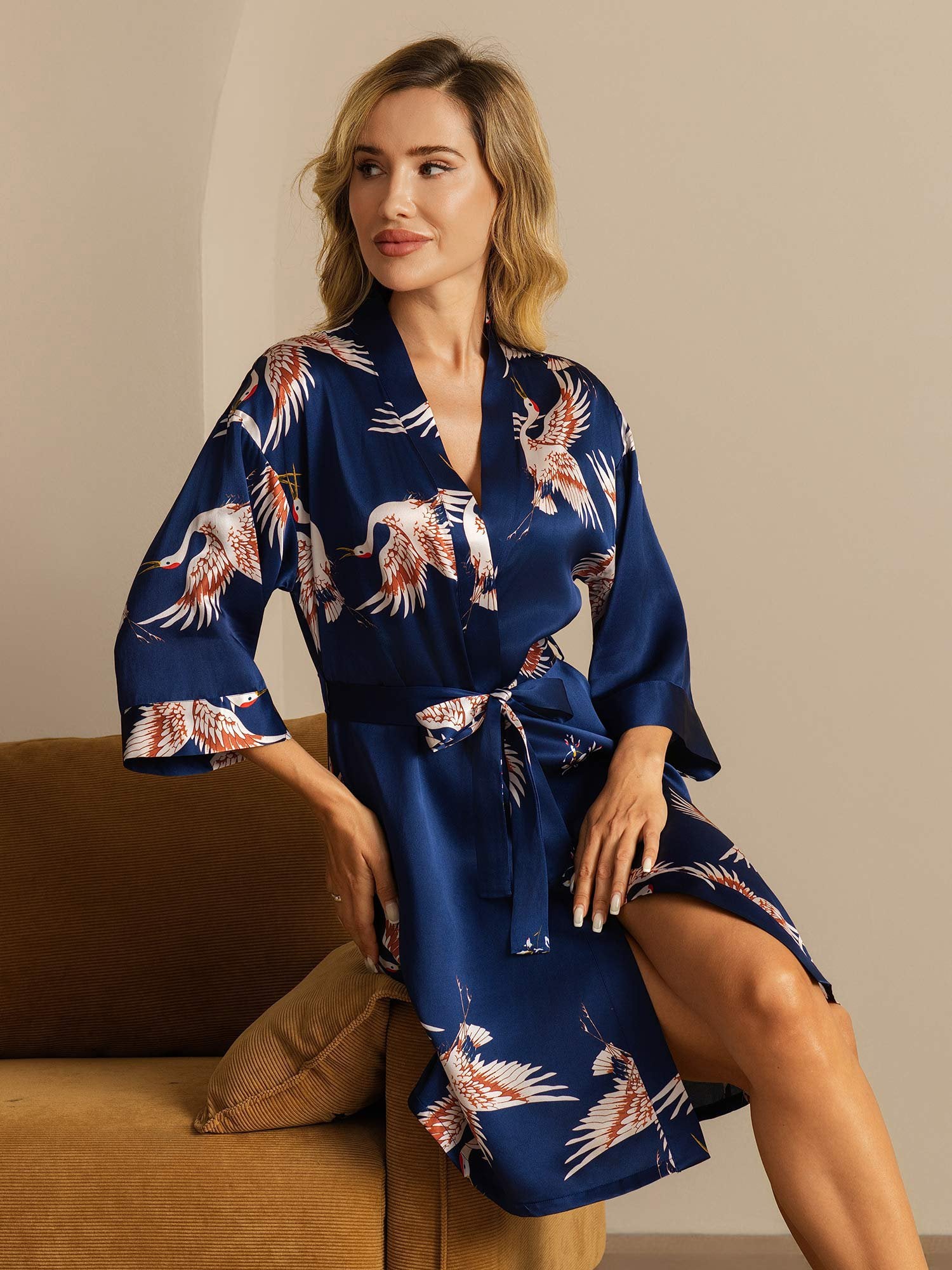 [Mørkeblå] SilkSilky-DK 19Momme Silke Womens Robe 001