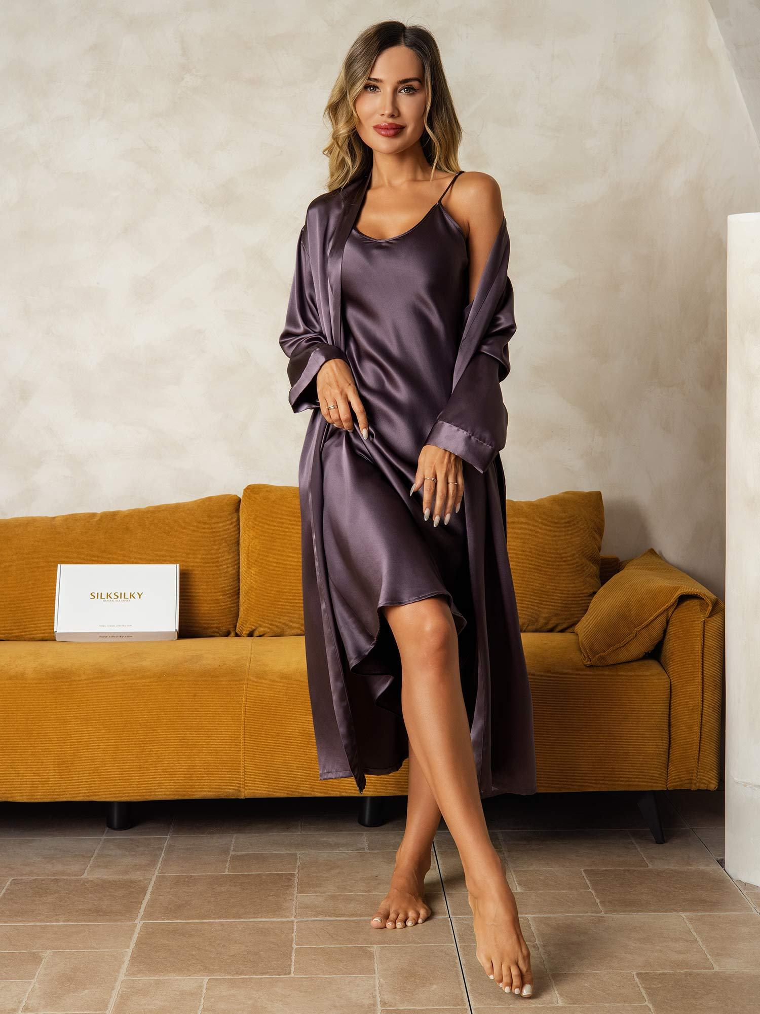 [Lilla Grå] SilkSilky-DK Silke Nightgown&Robe Set 005