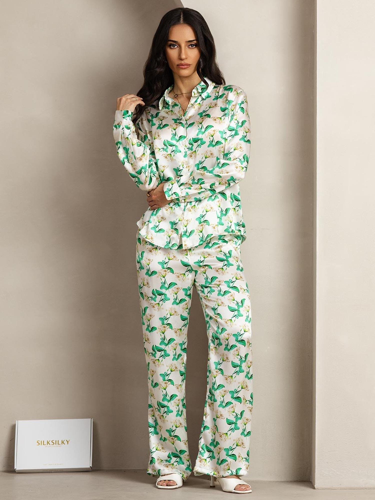 [Grøn Blomster] SilkSilky-DK 19Momme Silke Womens Outfit Sets 004
