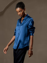 [Blågrøn] SilkSilky-DK Long Sleeve Lapel Collar Dameskjorte 006