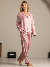 [Ferskenhud] SilkSilky-DK 19Momme Langærmet Notchkrage Dame Pyjamas 006